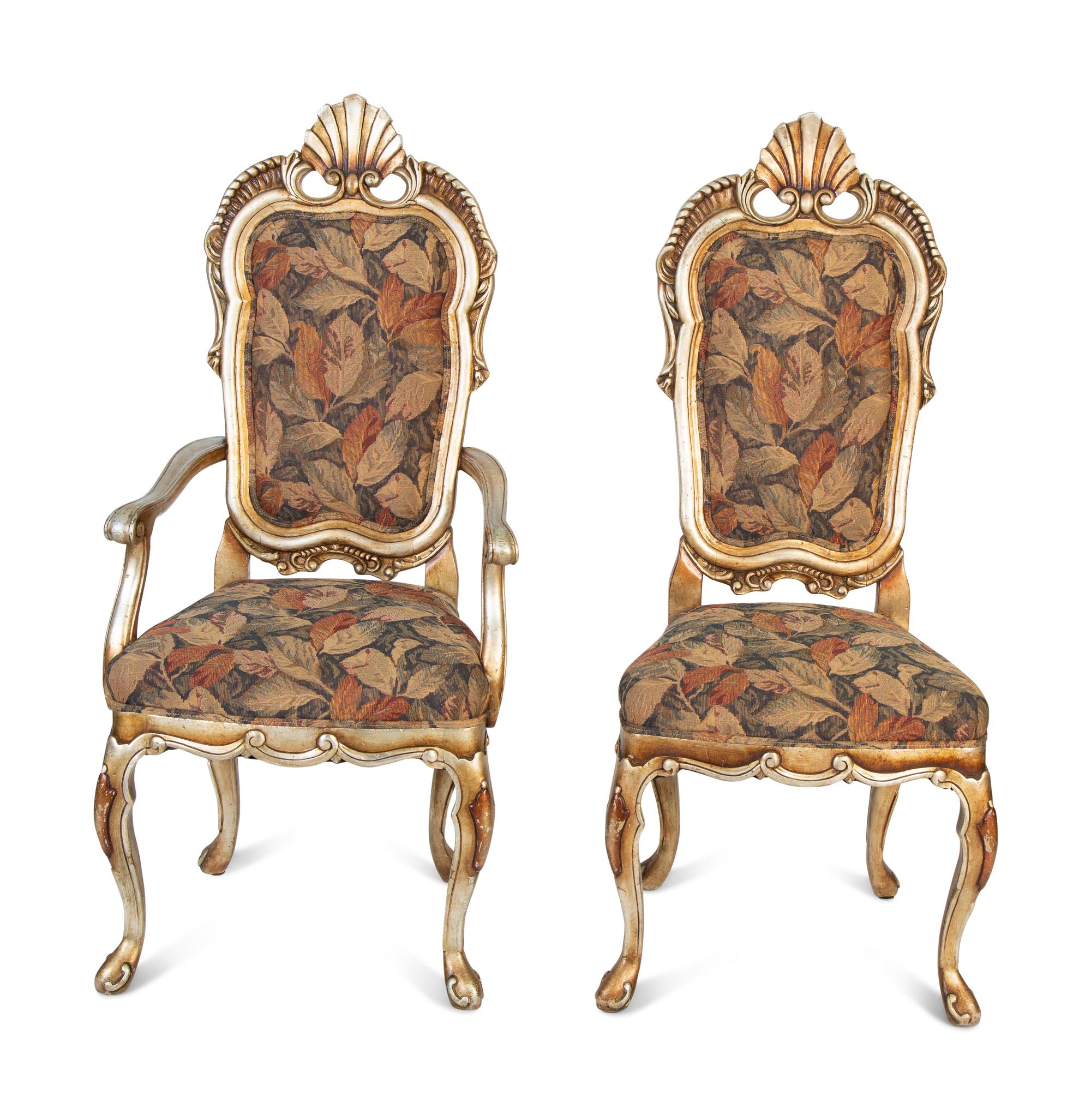 A Set of Venetian Style Silver and Gilt Gessoed Dining Chairs — 20TH CENTURY