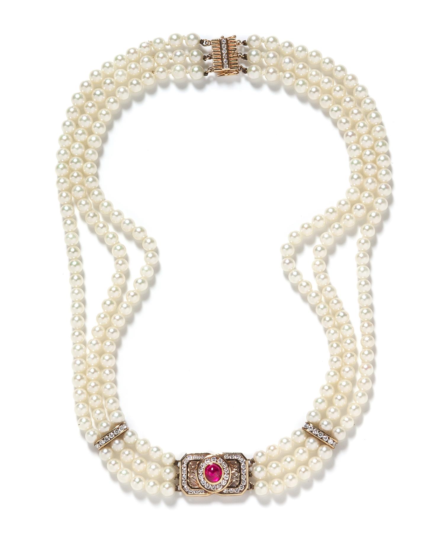 A 14 Karat Yellow Gold, Ruby, Diamond and Multistrand Cultured Pearl Necklace,