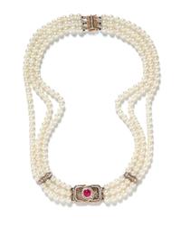 A 14 Karat Yellow Gold, Ruby, Diamond and Multistrand Cultured Pearl Necklace,