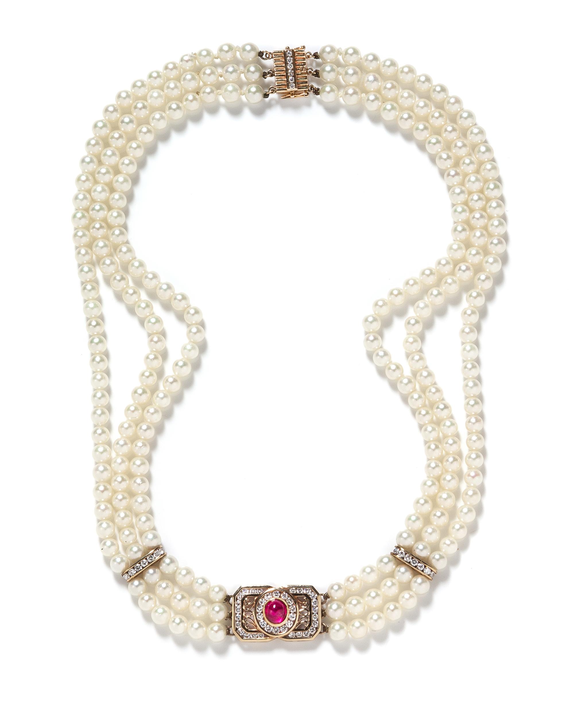 A 14 Karat Yellow Gold, Ruby, Diamond and Multistrand Cultured Pearl Necklace,