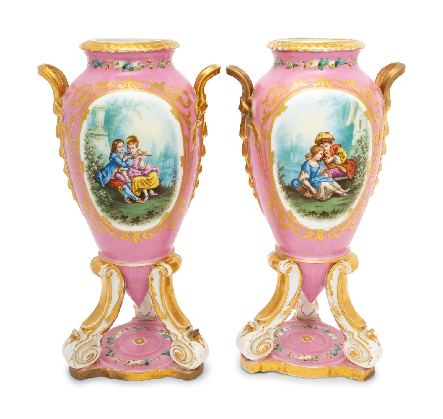 A Pair of Continental Porcelain Tripod Vases
