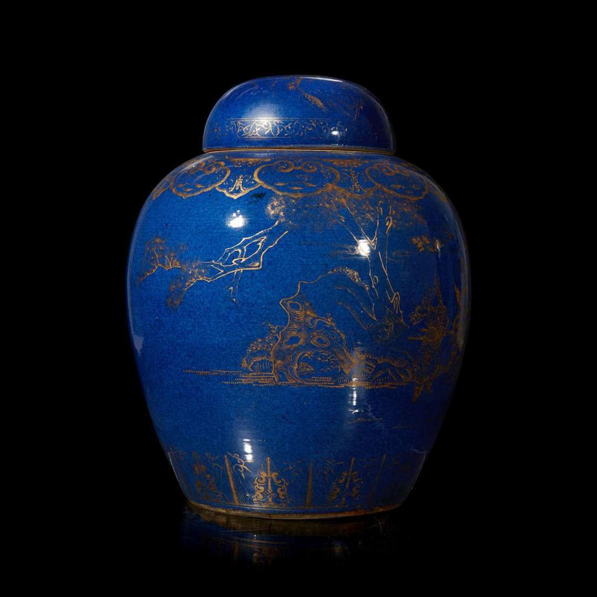 A massive Chinese gilt-decorated powder blue ovoid jar and cover 洒蓝地描金大盖罐 Qing dynasty ?