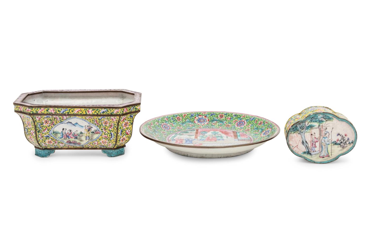 Three Chinese Canton Enamel on Copper Articles