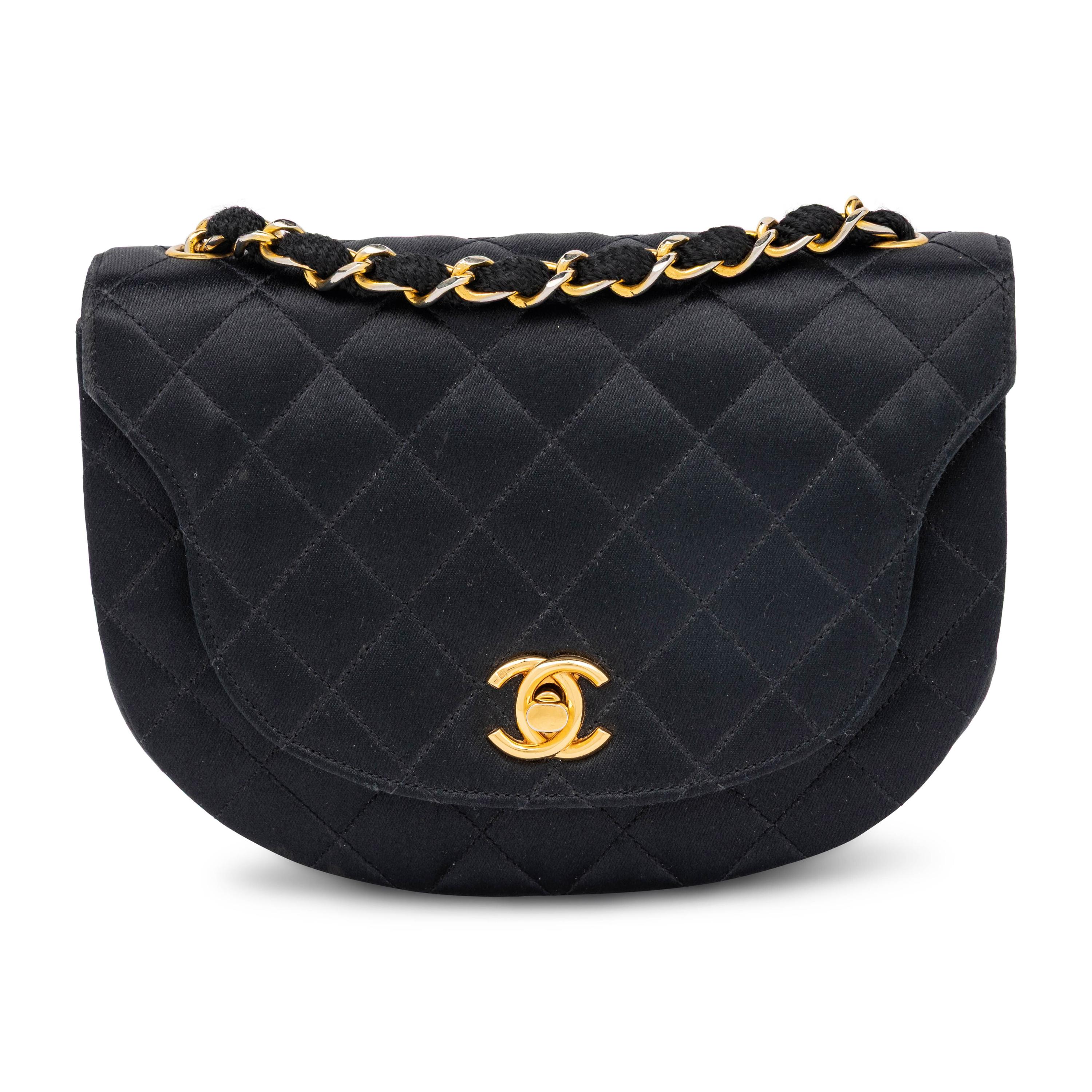 Chanel, Curved Flap Bag in Quilted Black Satin