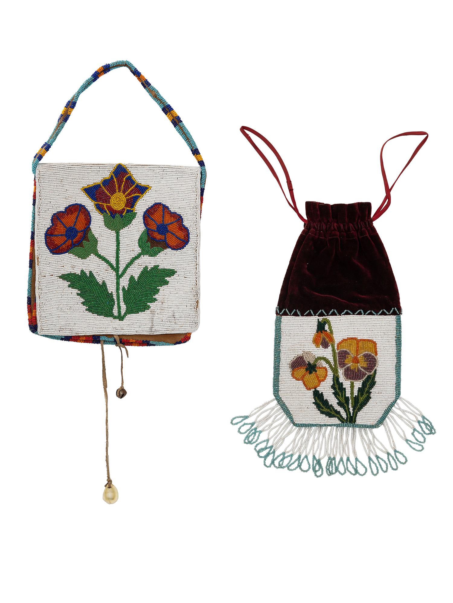 Plateau Beaded Bags, with Violets and Tulips