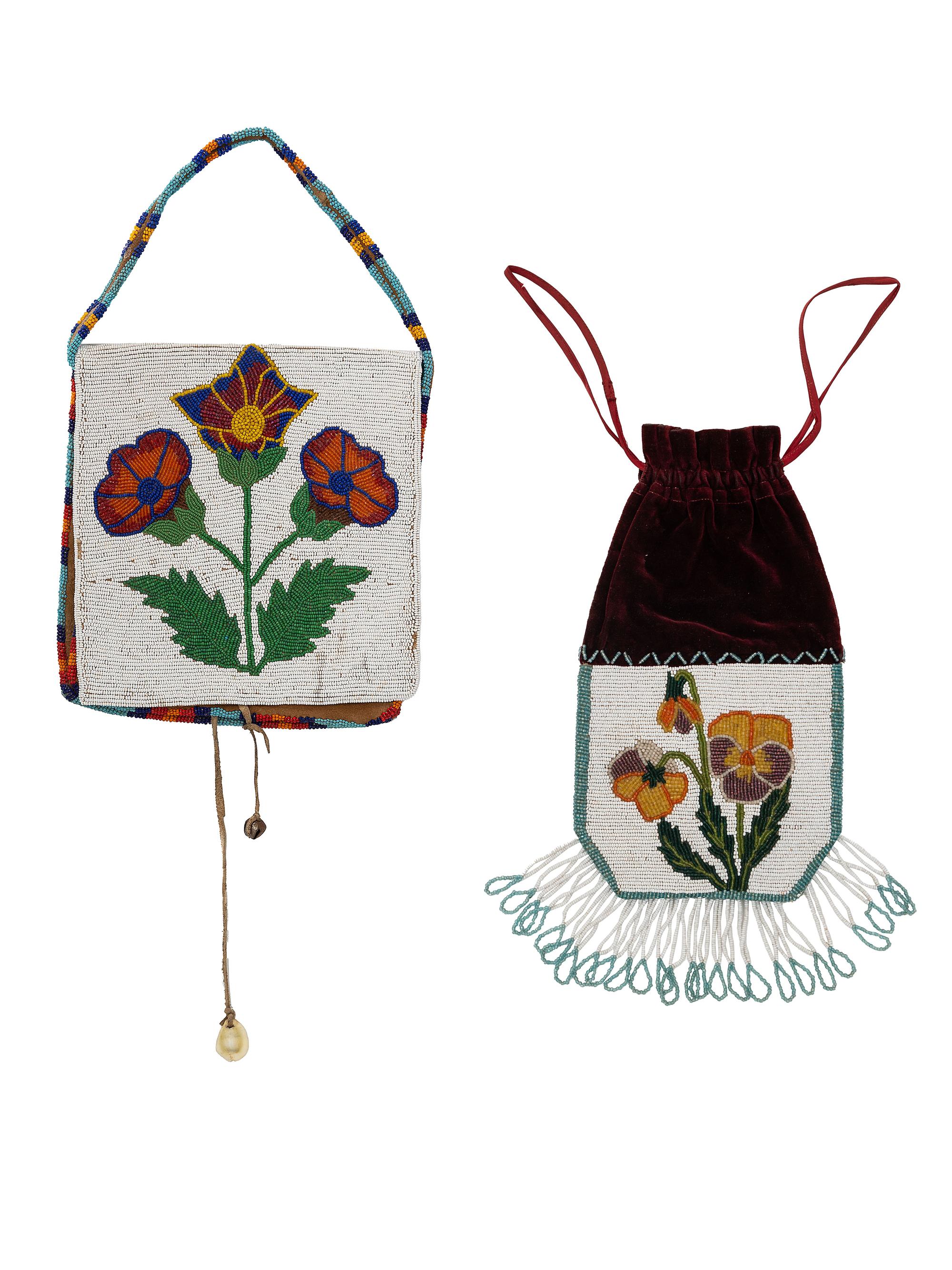 Plateau Beaded Bags, with Violets and Tulips