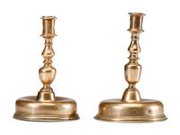 A Near Pair of Dutch William and Mary Brass Bell-Bottom Candlesticks