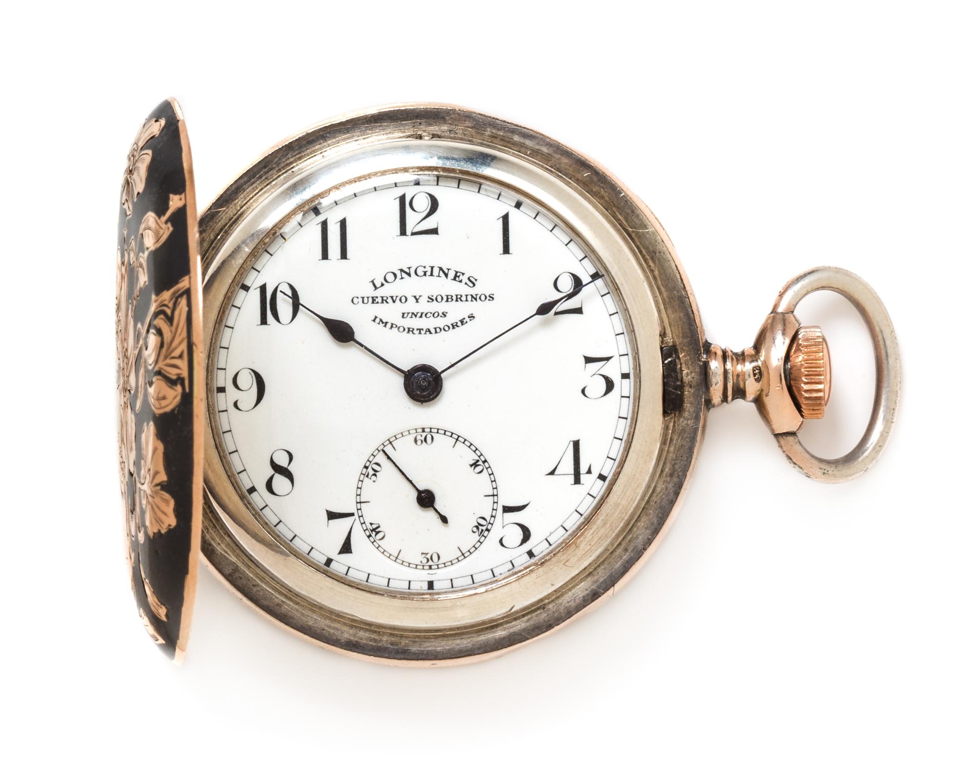 A Silver and Rose Gold Niello Hunter Case Pocket Watch, Longines for Cuervo & Sobrinos, Circa 1915, 39.40 dwts.