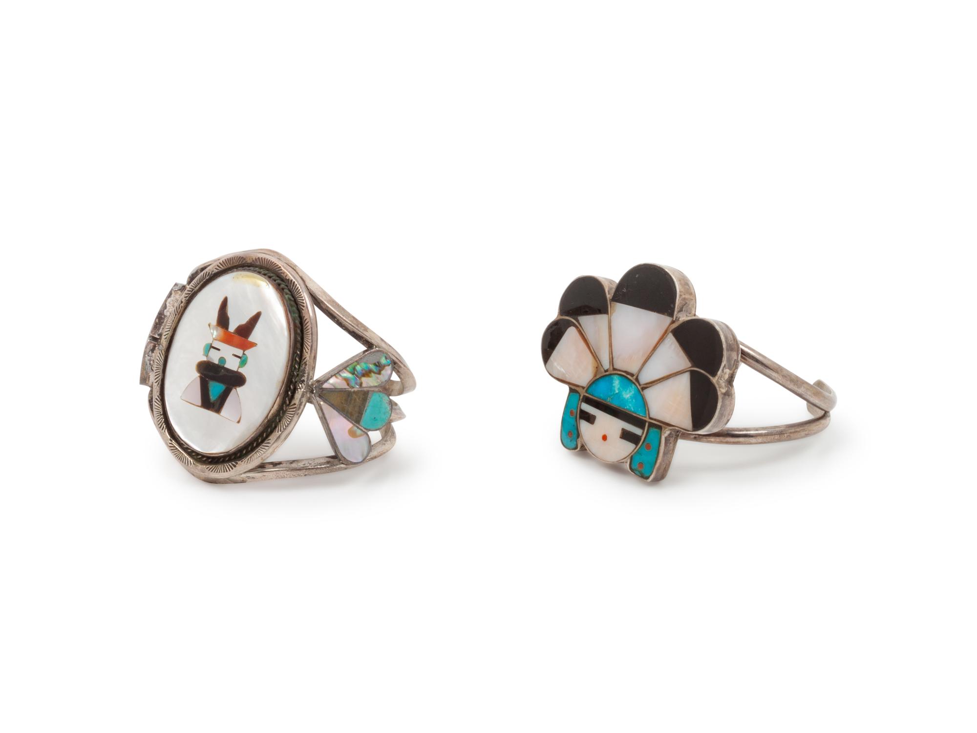 Zuni Mosaic Inlay Deer Dancer Katsina AND Sundancer Cuff Bracelets
