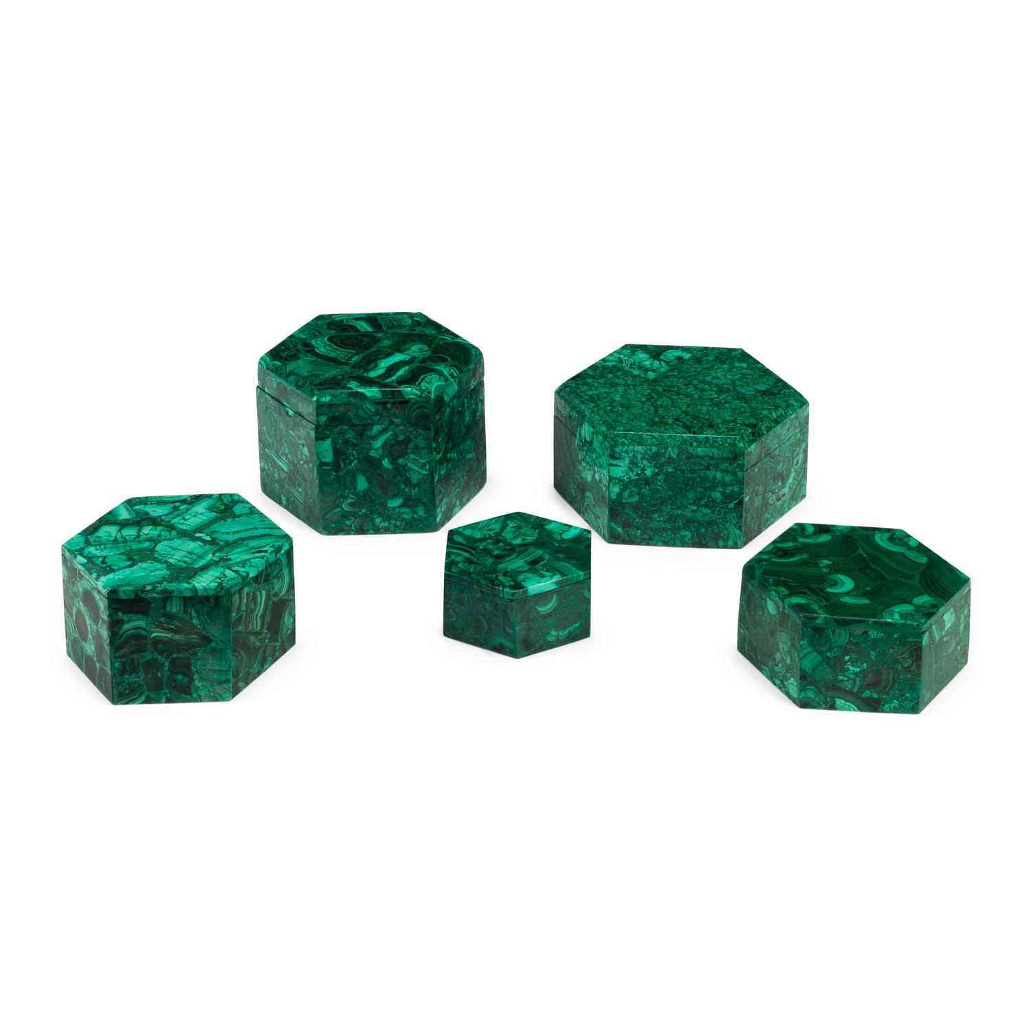 Five Hexagonal Malachite Boxes