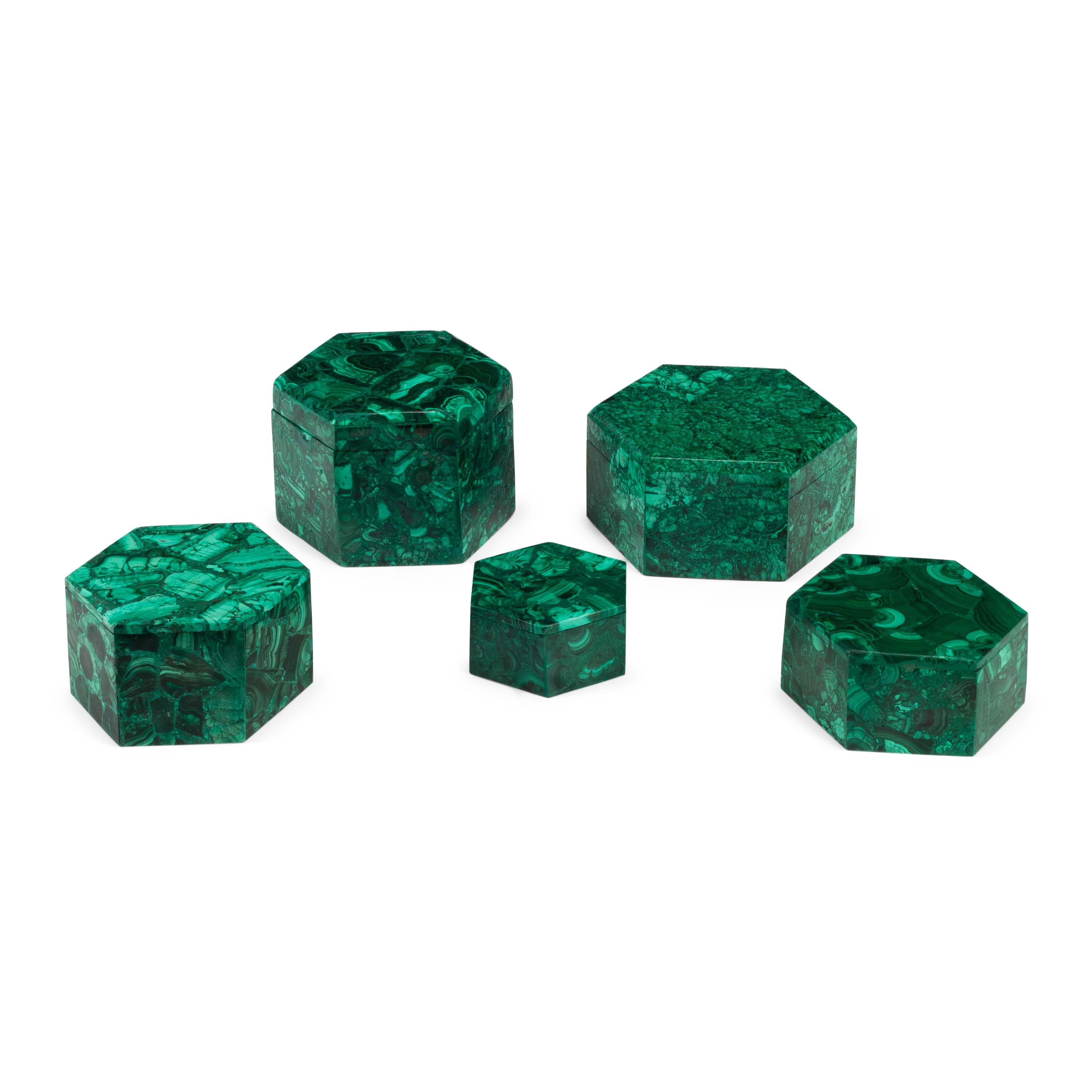 Five Hexagonal Malachite Boxes