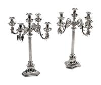 A Pair of Neoclassical Silver-Plate Five-Light Candelabra