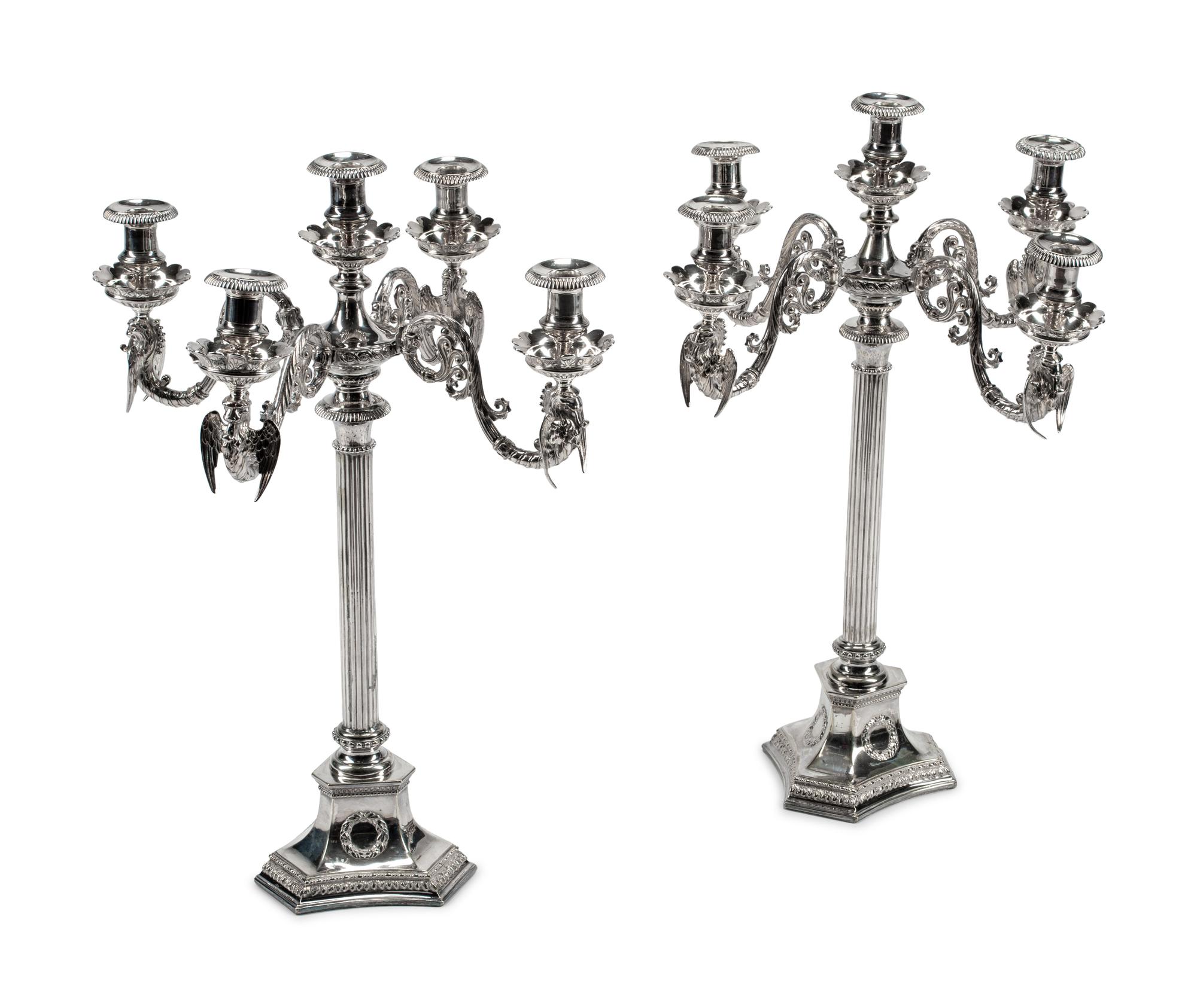 A Pair of Neoclassical Silver-Plate Five-Light Candelabra