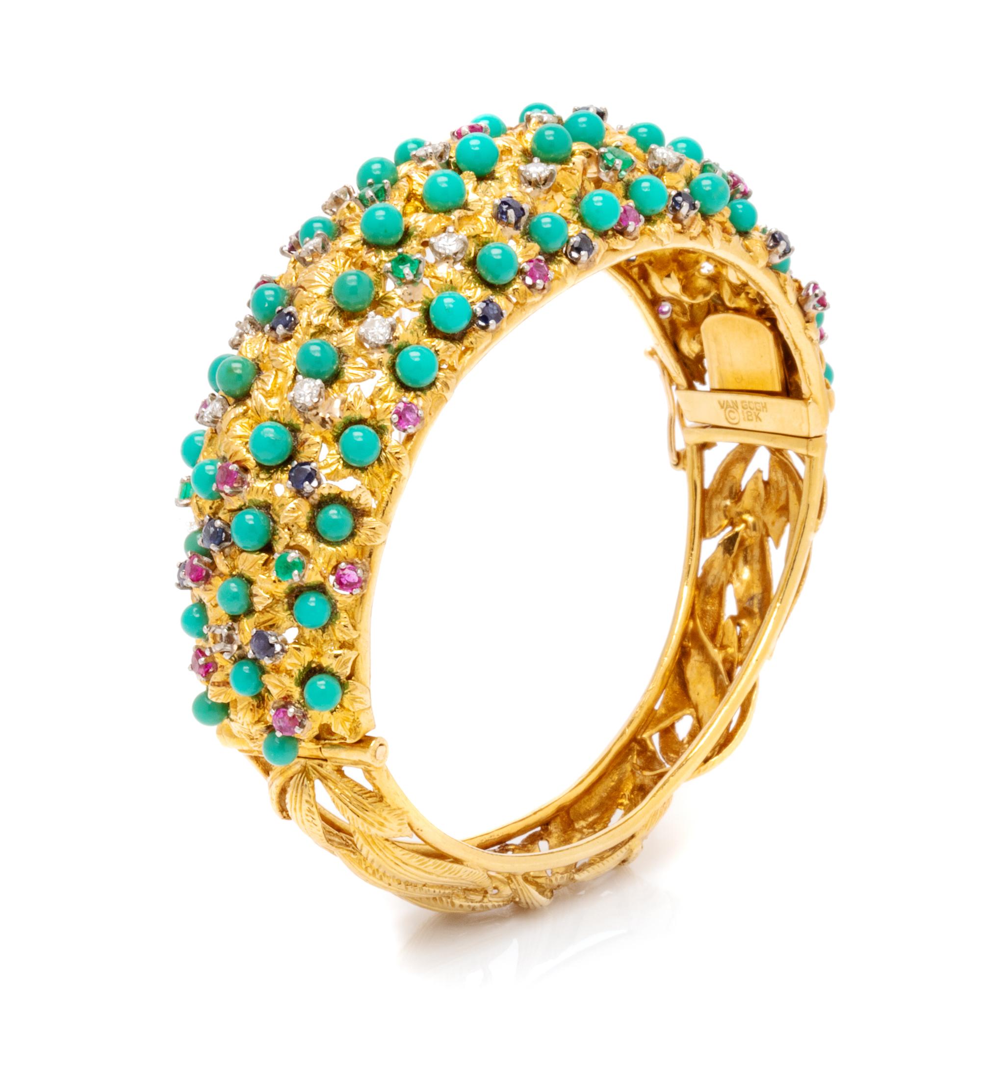 An 18 Karat Yellow Gold, Turquoise, Diamond and Multigem Bangle Bracelet, Van Gogh, 44.30 dwts.