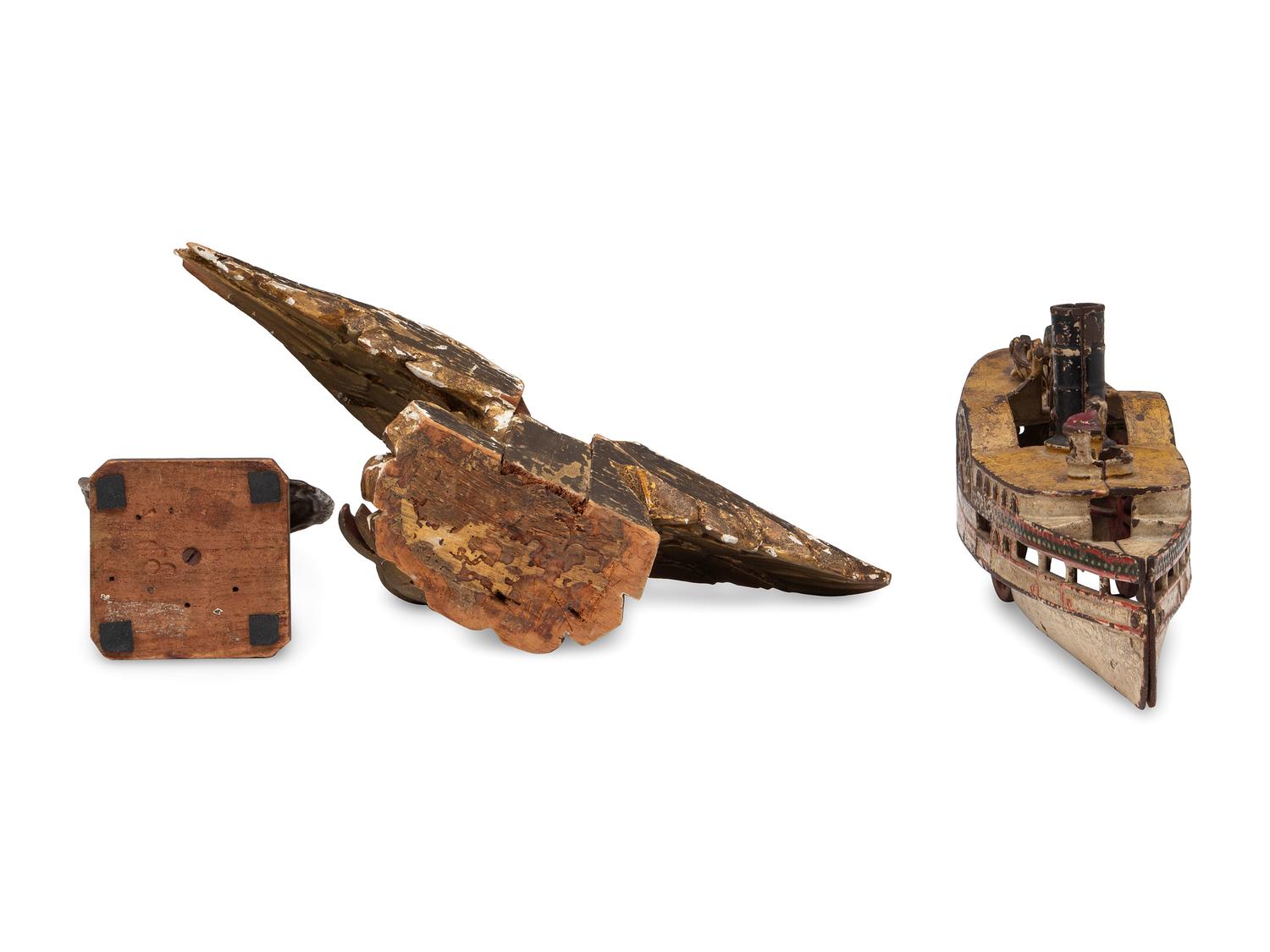 Two Carved and Painted Wood Eagle Finials, and a Cast Iron Paddleboat Boat Toy