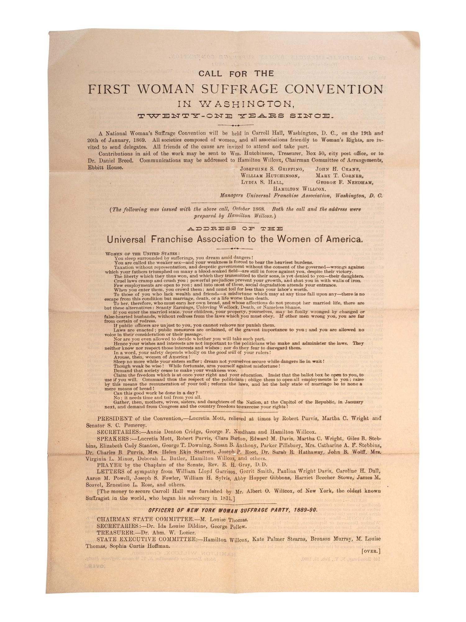 [WOMEN'S SUFFRAGE]. ANTHONY, Susan B. (1820-1906). The Status of Woman, Past, Present, and Future. [Boston?]: [Arena Publishing Co.], 1897. INSCRIBED BY ANTHONY.