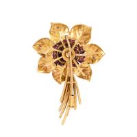 Bulgari, Carved Pink Tourmaline, Diamond, and Yellow Gold Flower Brooch