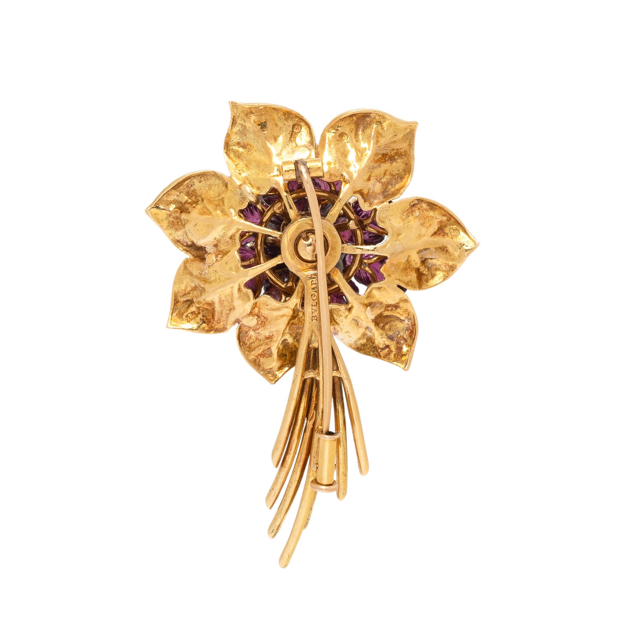 Bulgari, Carved Pink Tourmaline, Diamond, and Yellow Gold Flower Brooch