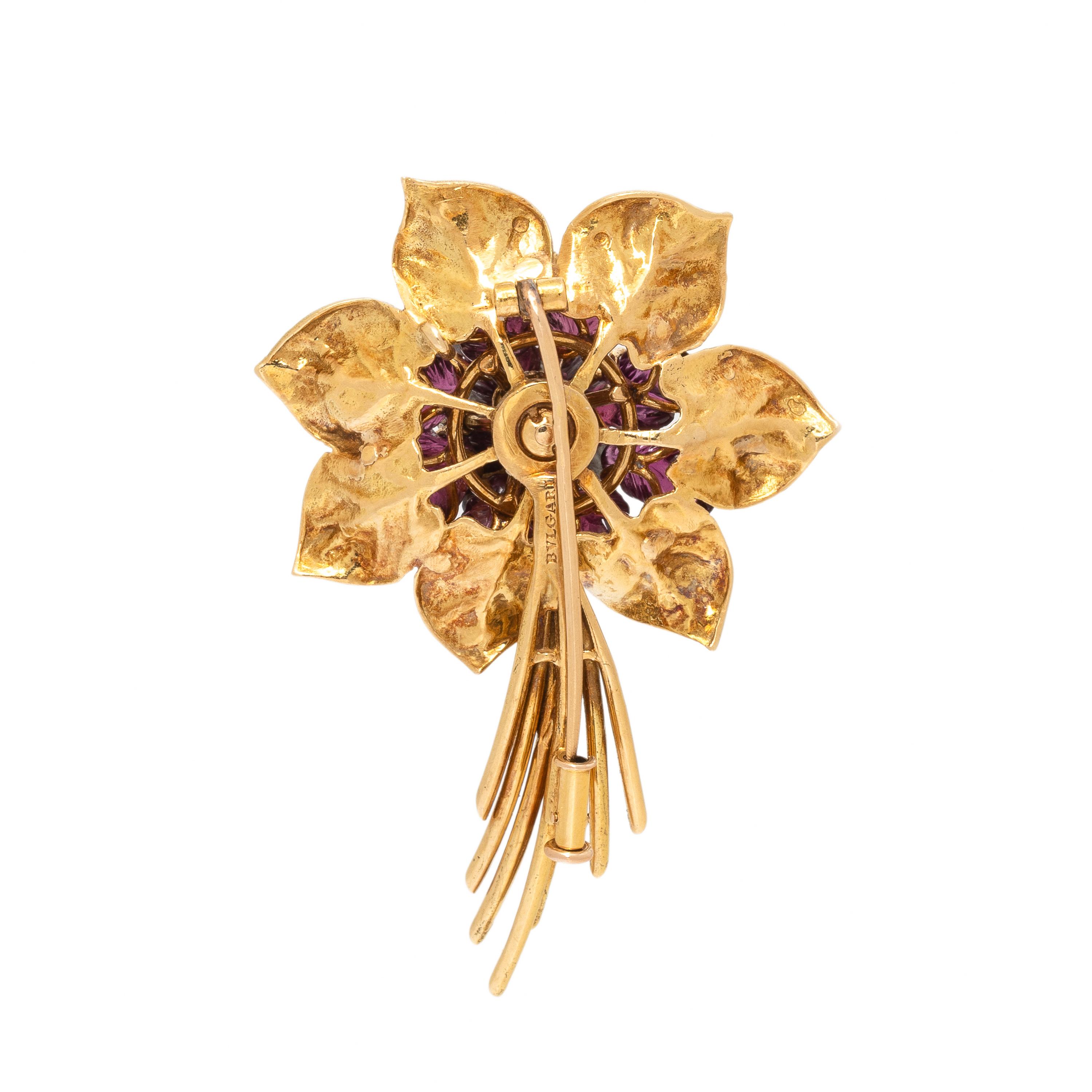 Bulgari, Carved Pink Tourmaline, Diamond, and Yellow Gold Flower Brooch