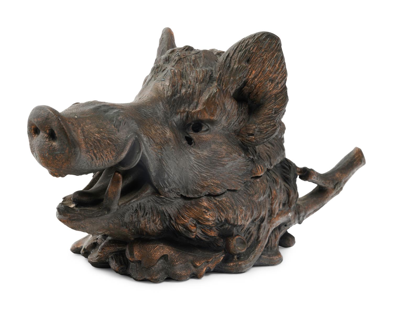 A French Patinated Metal Boar's Head Ink Stand After Christophe Fratin (French, 1801-1864)