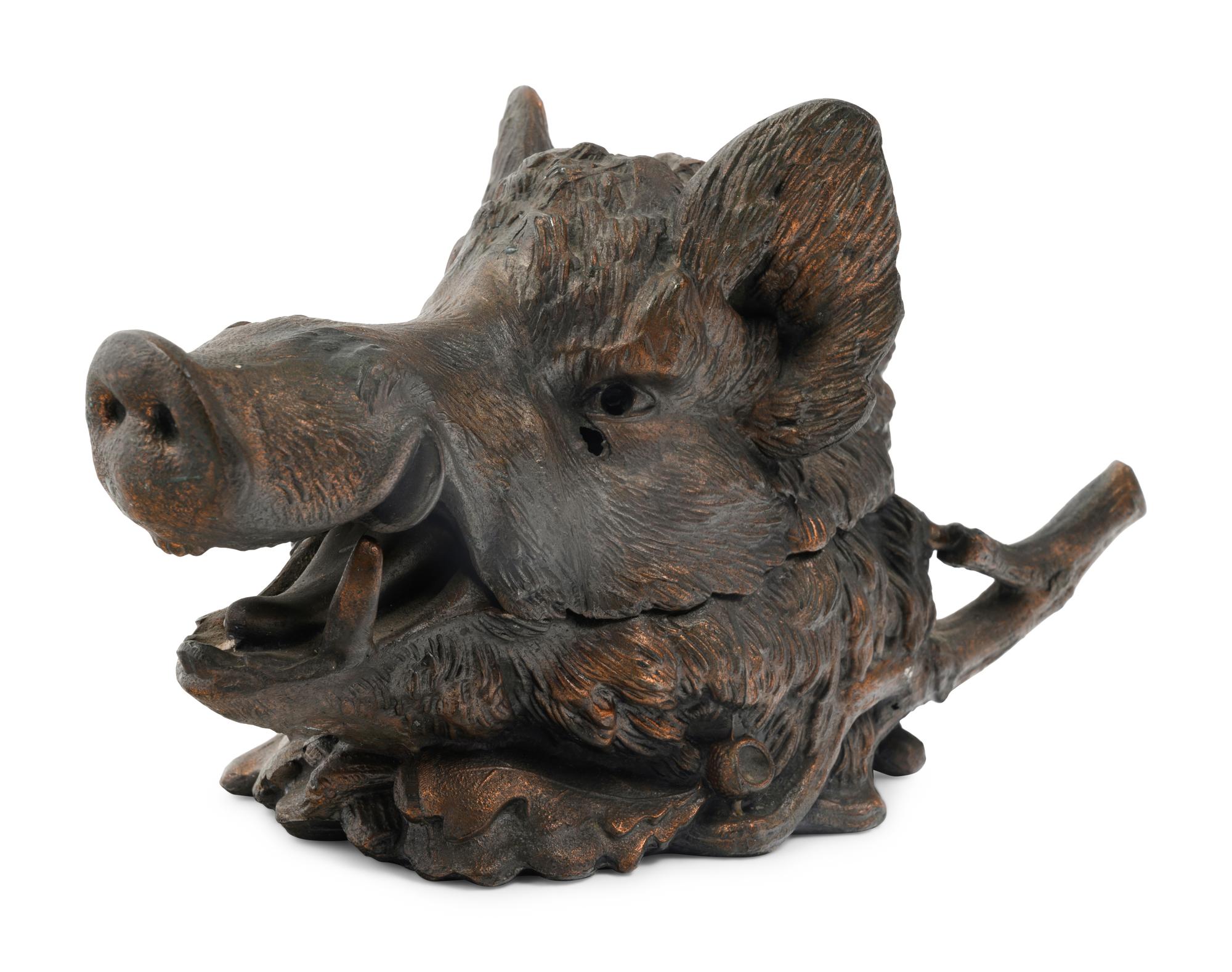 A French Patinated Metal Boar's Head Ink Stand After Christophe Fratin (French, 1801-1864)