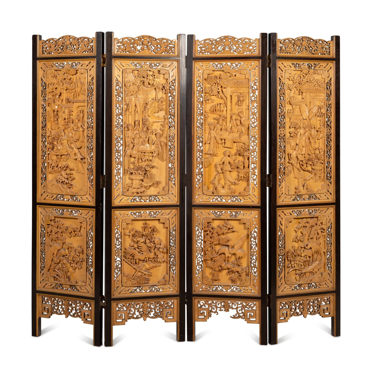 A Chinese Carved Wood Four-Panel Floor Screen