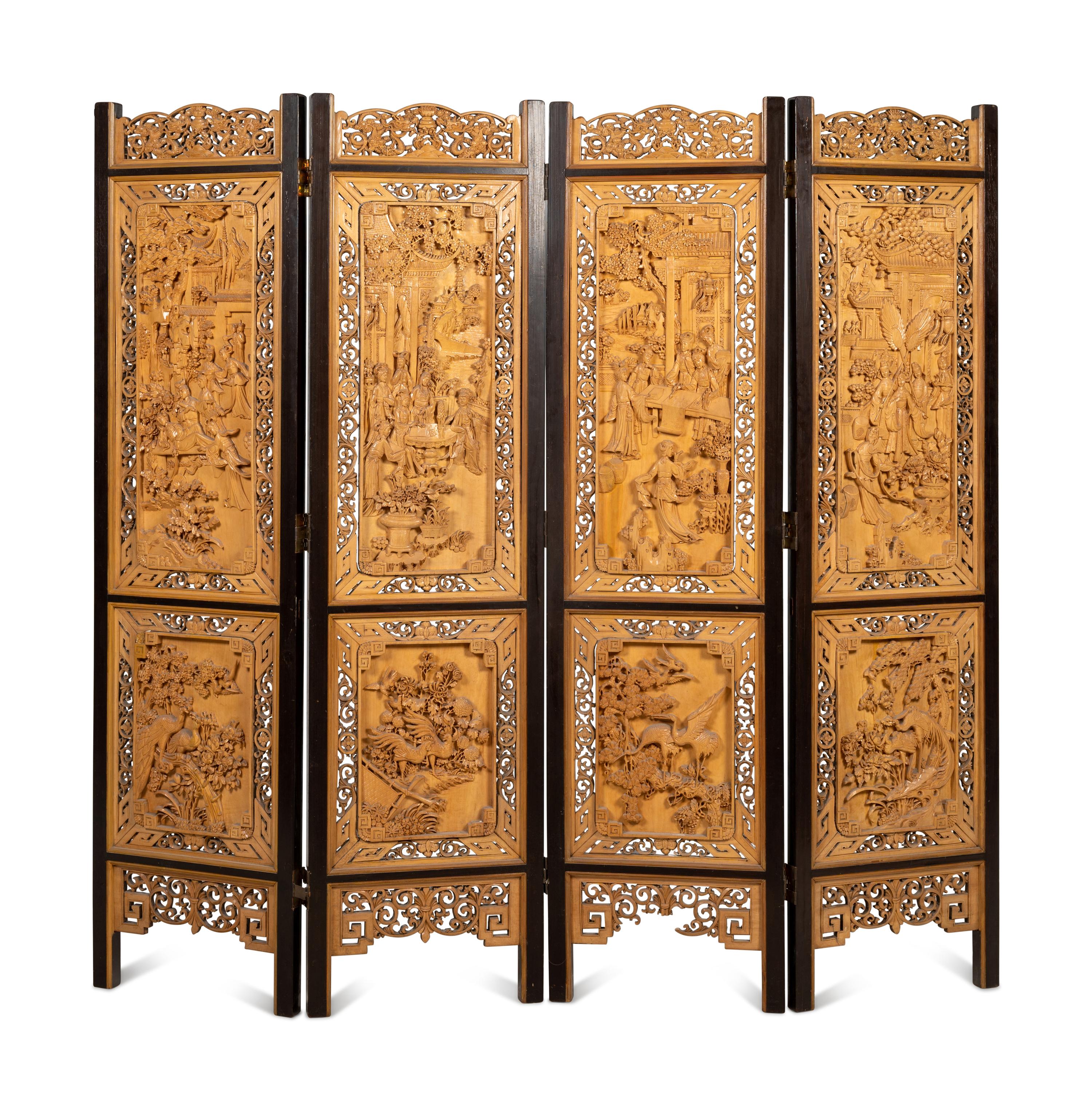 A Chinese Carved Wood Four-Panel Floor Screen