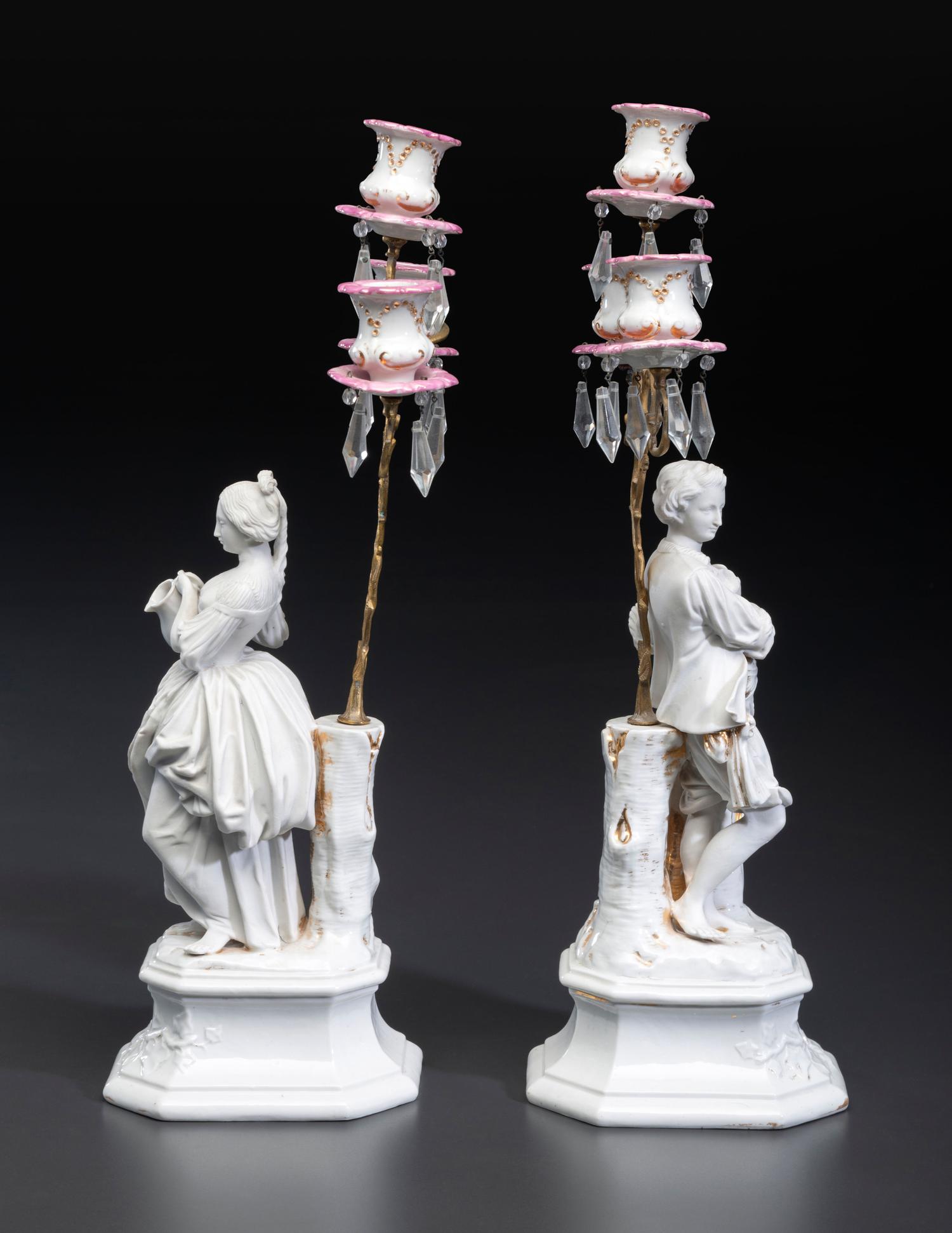A Pair of French Parian and Enameled Metal Three-Light Figural Candelabra
