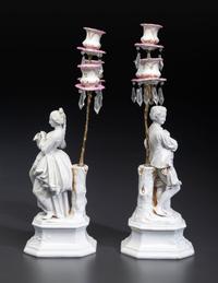 A Pair of French Parian and Enameled Metal Three-Light Figural Candelabra