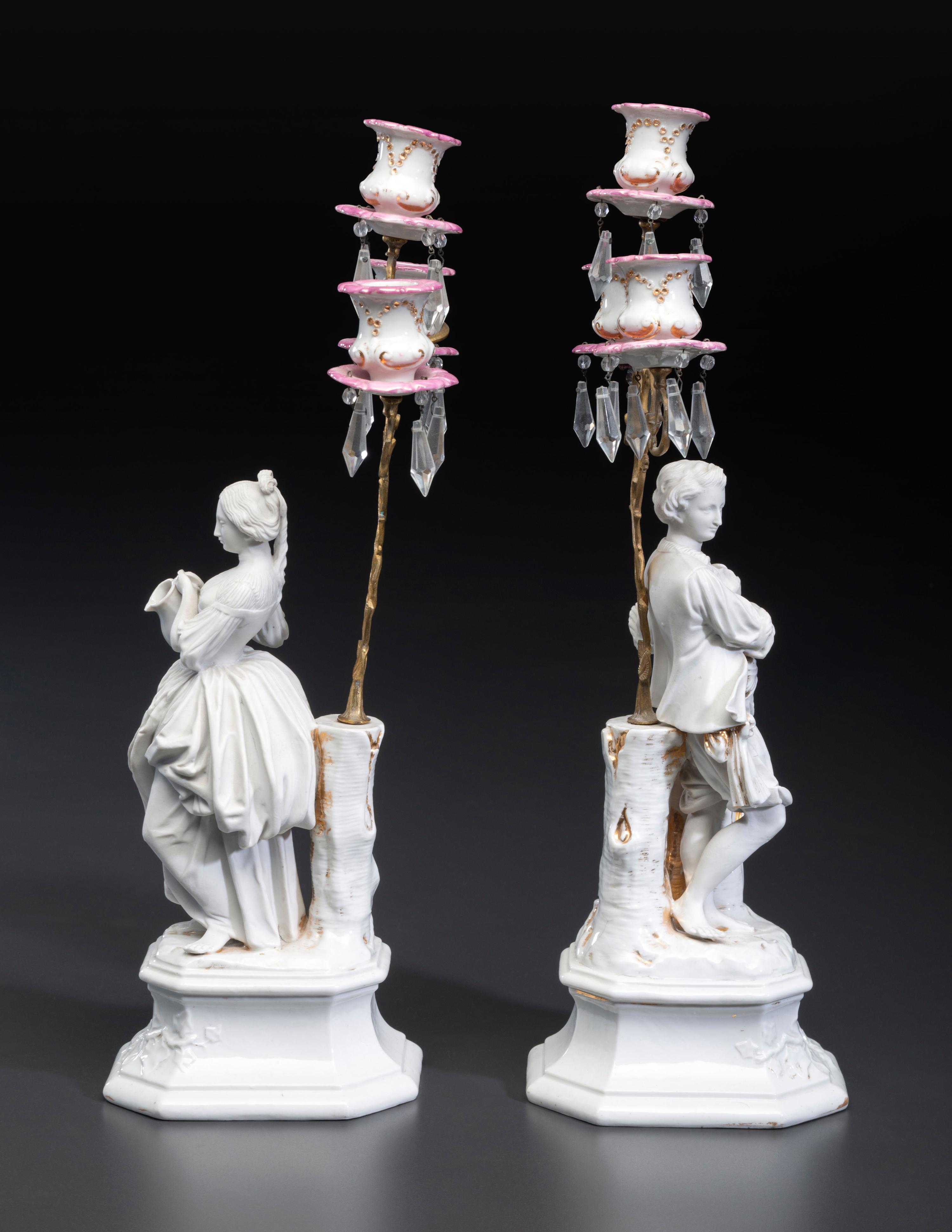 A Pair of French Parian and Enameled Metal Three-Light Figural Candelabra