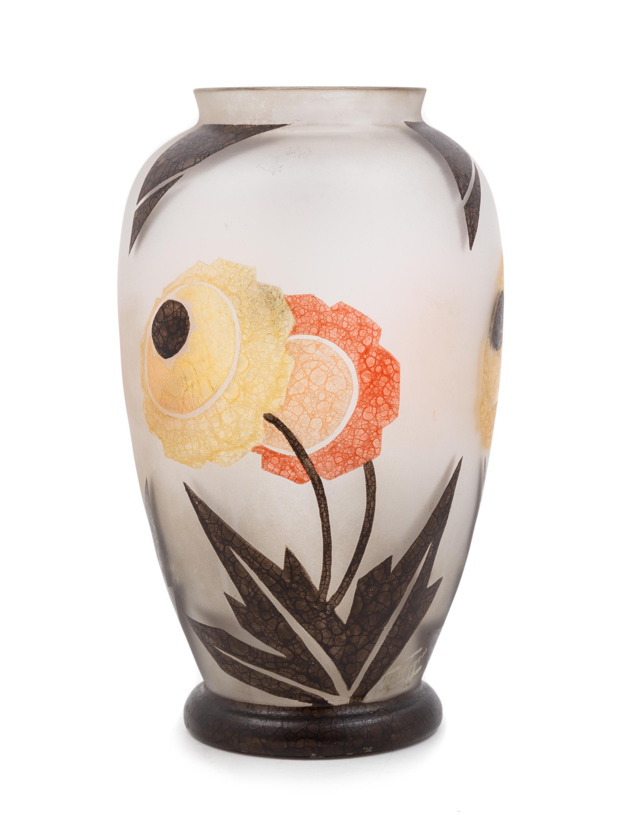 Verreries V. de Winner, Belgium, 1930s, an Art Deco frosted and painted glass vase