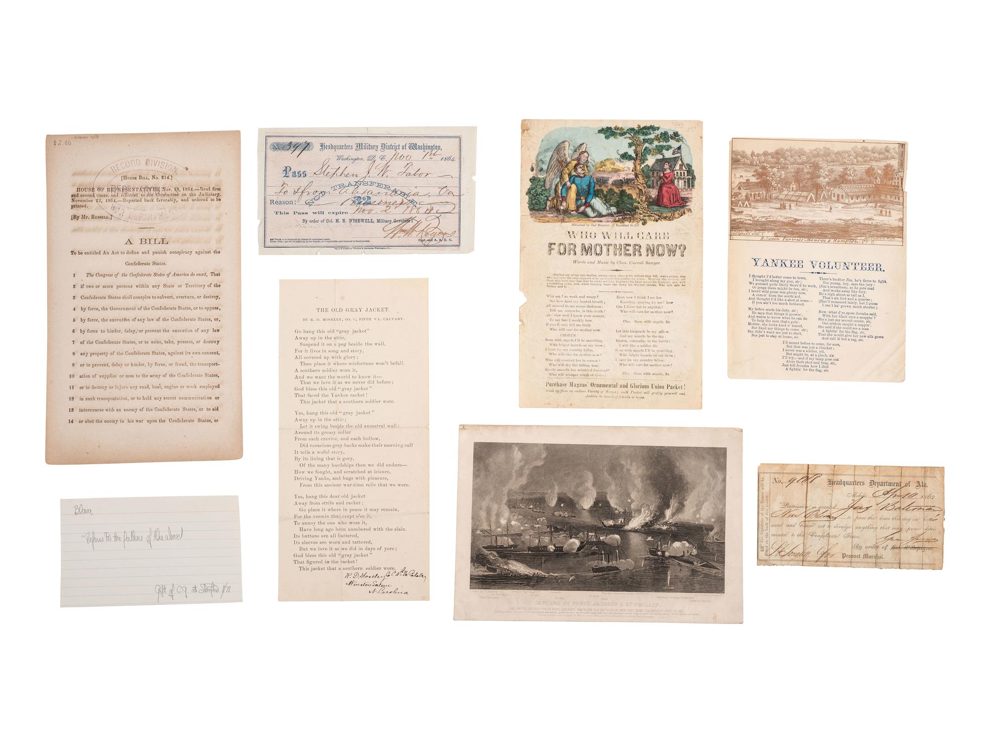 [CIVIL WAR]. Union and Confederate ephemera, incl. a sketch, and a ticket to Johnson's impeachment.