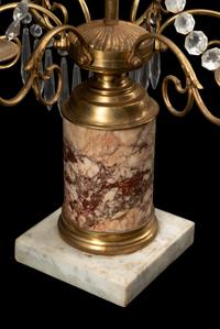 A Near Pair of Baltic Style Gilt Bronze, Marble and Cut Glass Six-Light Candelabra