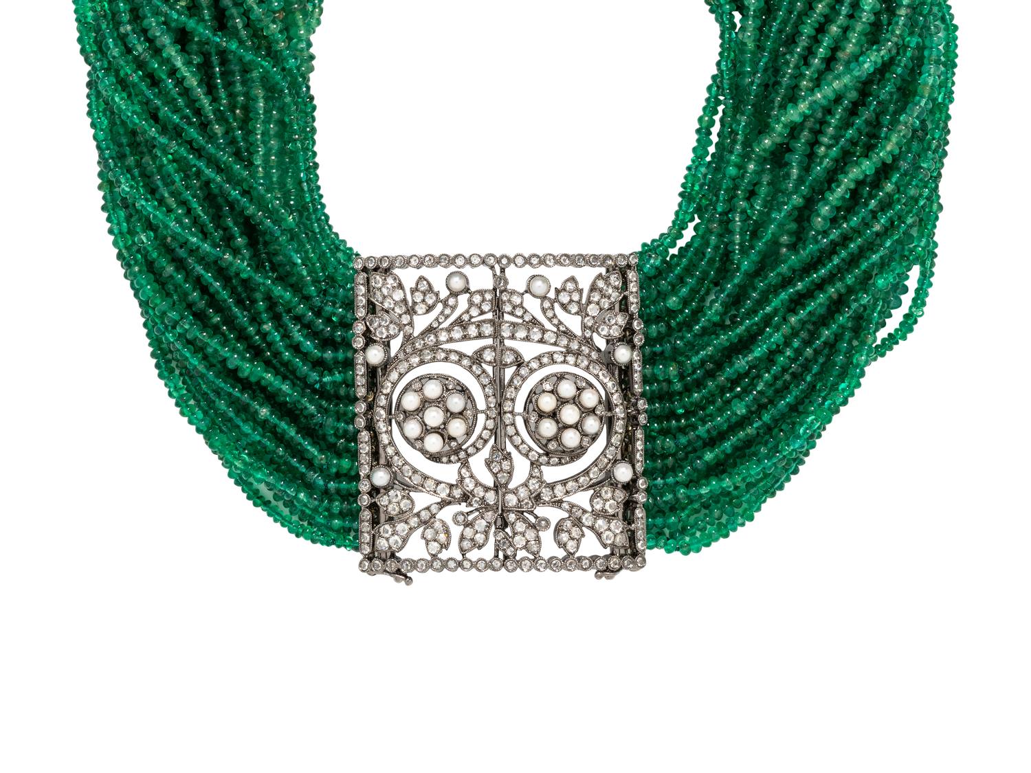 HOUSE OF TAYLOR, EMERALD, DIAMOND AND CULTURED PEARL MULTISTRAND CHOKER NECKLACE