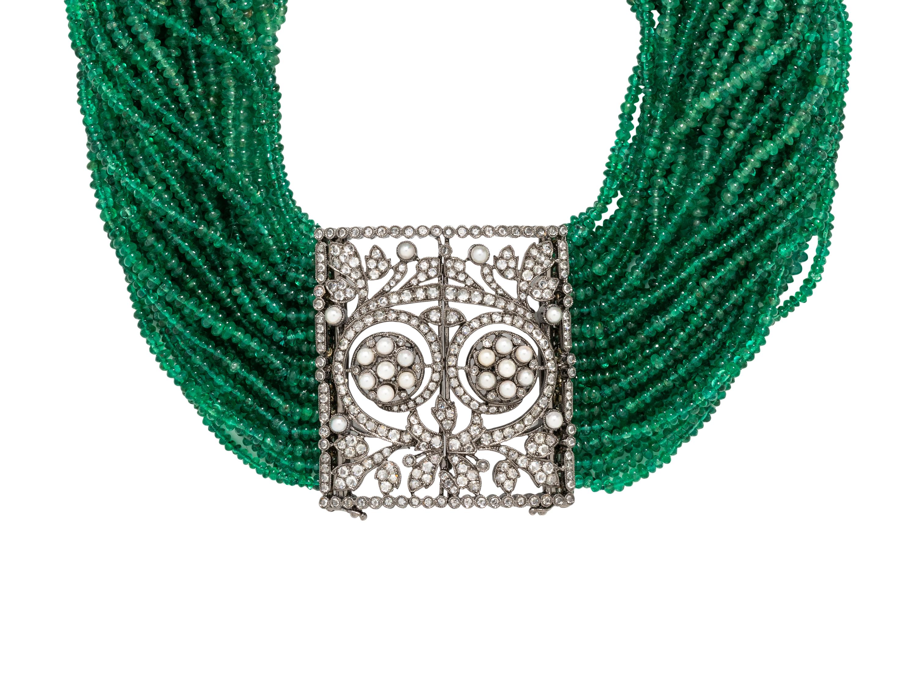 HOUSE OF TAYLOR, EMERALD, DIAMOND AND CULTURED PEARL MULTISTRAND CHOKER NECKLACE