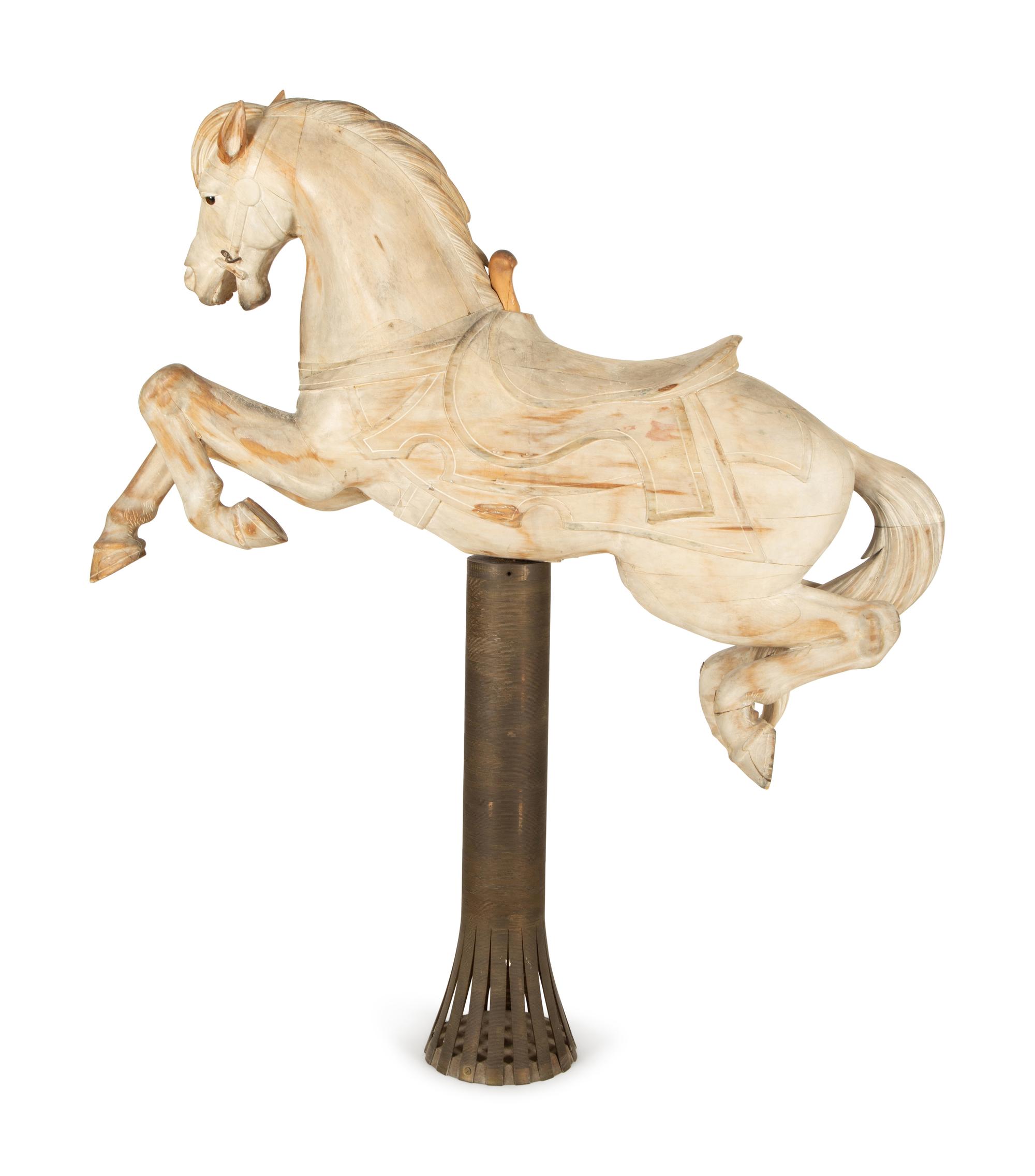 A Carved Wood Jumping Carousel Horse with Custom Bronze Mounting Pole — 19th/20th Century