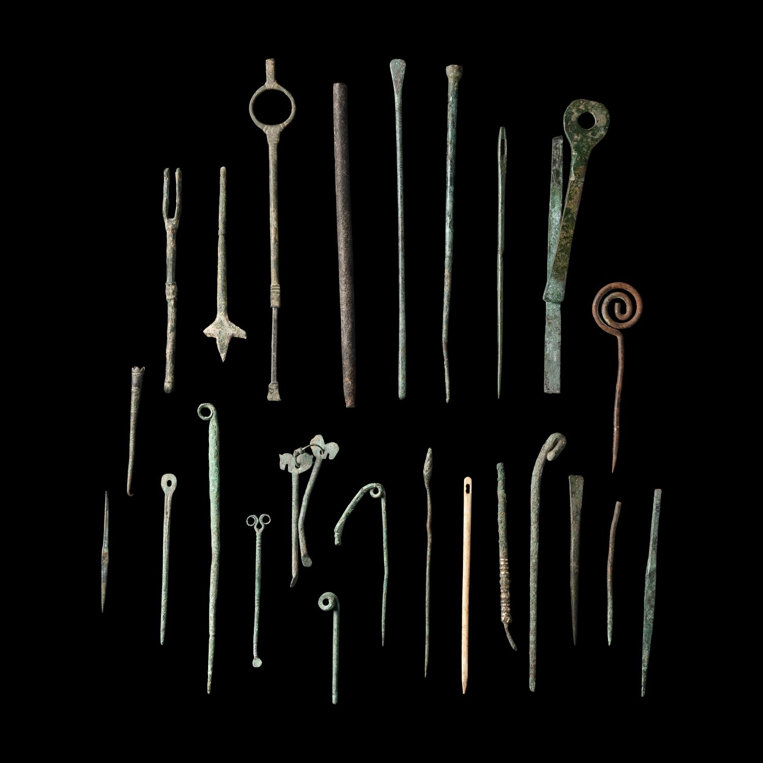 25 Roman Bronze and Bone Medical Instruments, Tools, and Pins