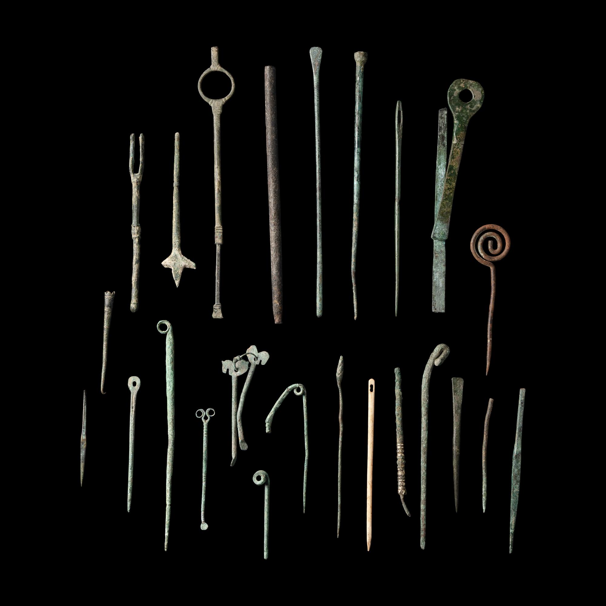 25 Roman Bronze and Bone Medical Instruments, Tools, and Pins