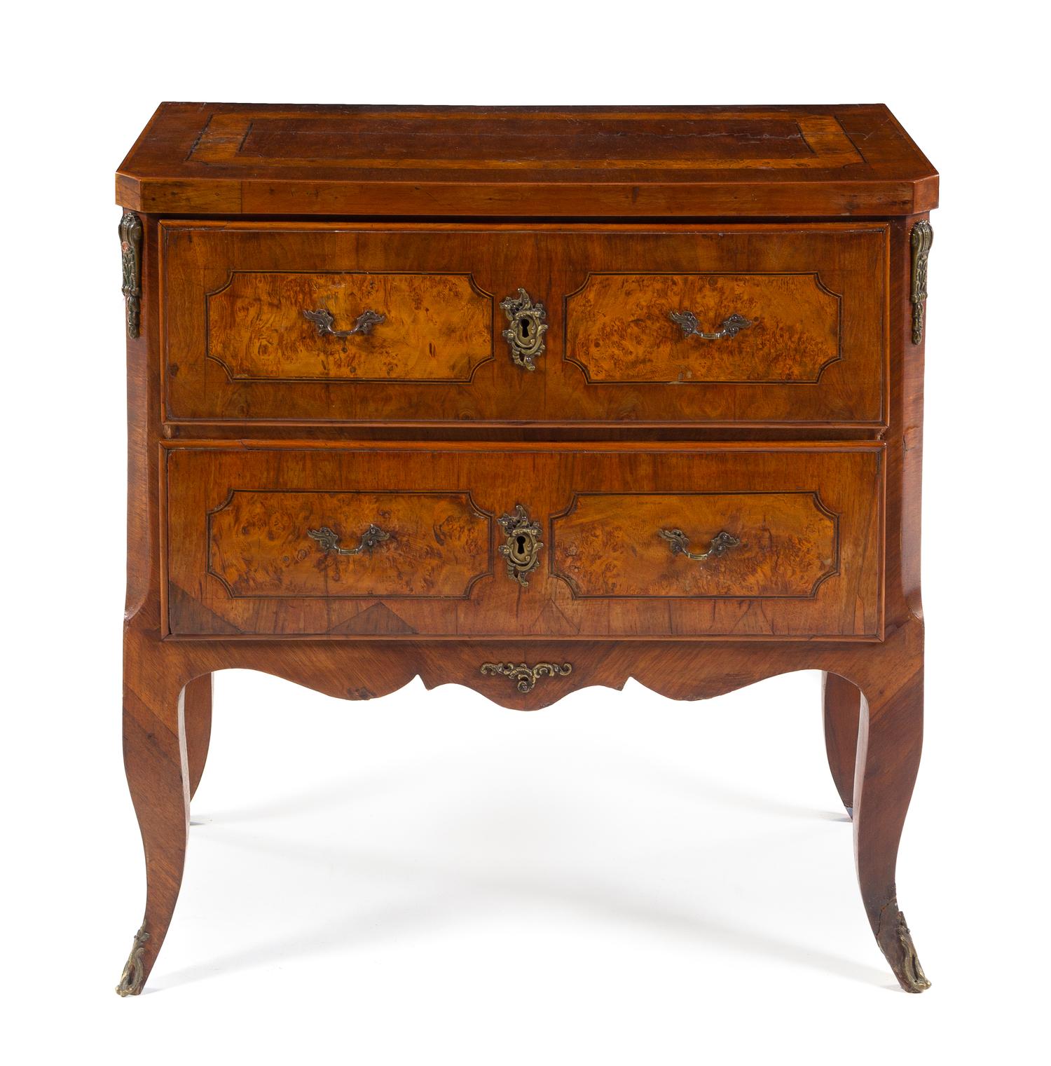 An Italian Gilt Metal Mounted Burlwood Commode Height 31 x width 30 1/2 x depth 16 1/2 inches. — 19TH CENTURY