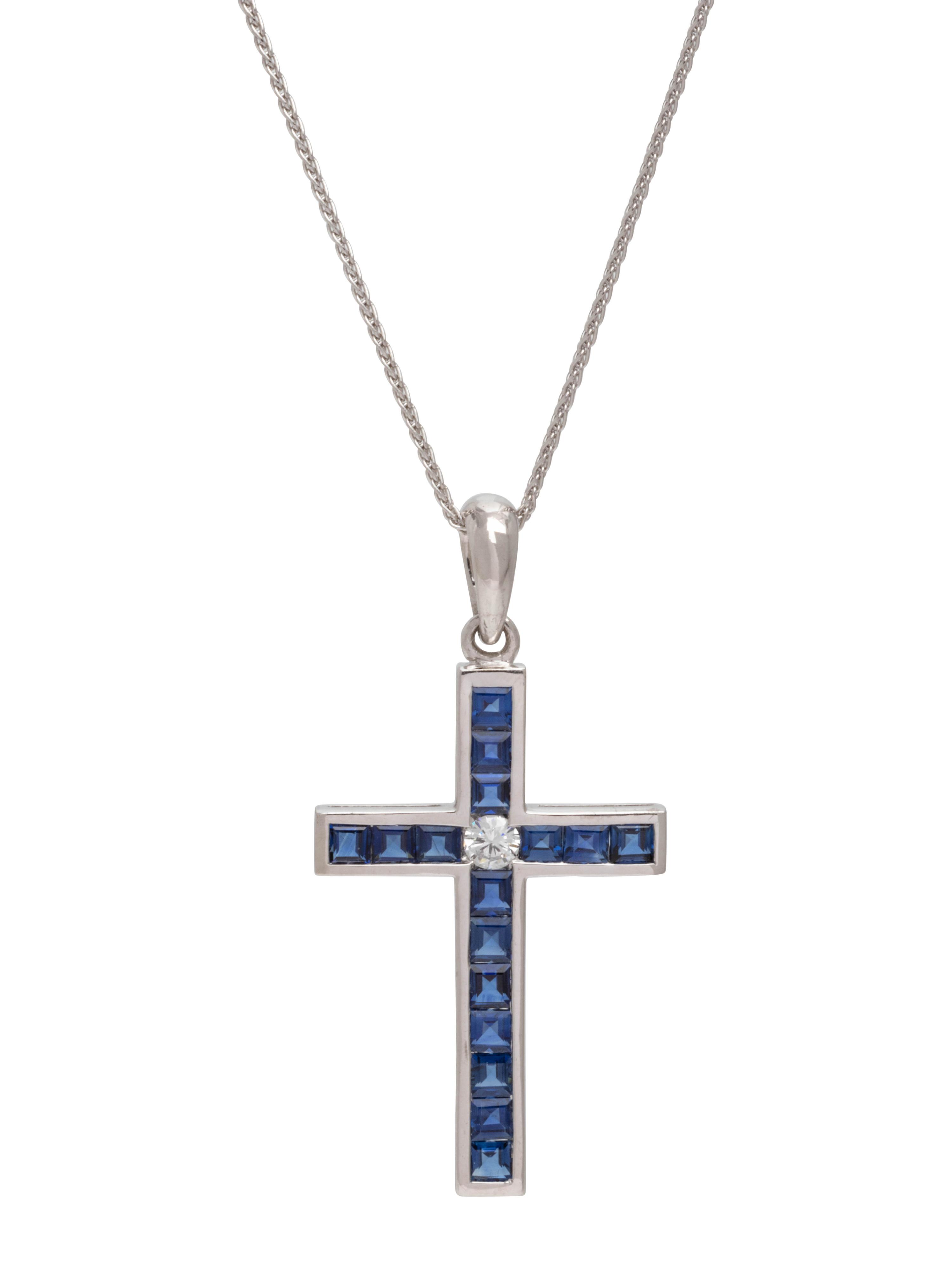 SAPPHIRE AND DIAMOND CROSS PENDANT/NECKLACE