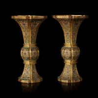 An exceptional pair of Chinese champlevé cloisonné enamel gilt metal gu-form vases 铜鎏金锤鍱珐琅花觚一对 18th/19th century ???????