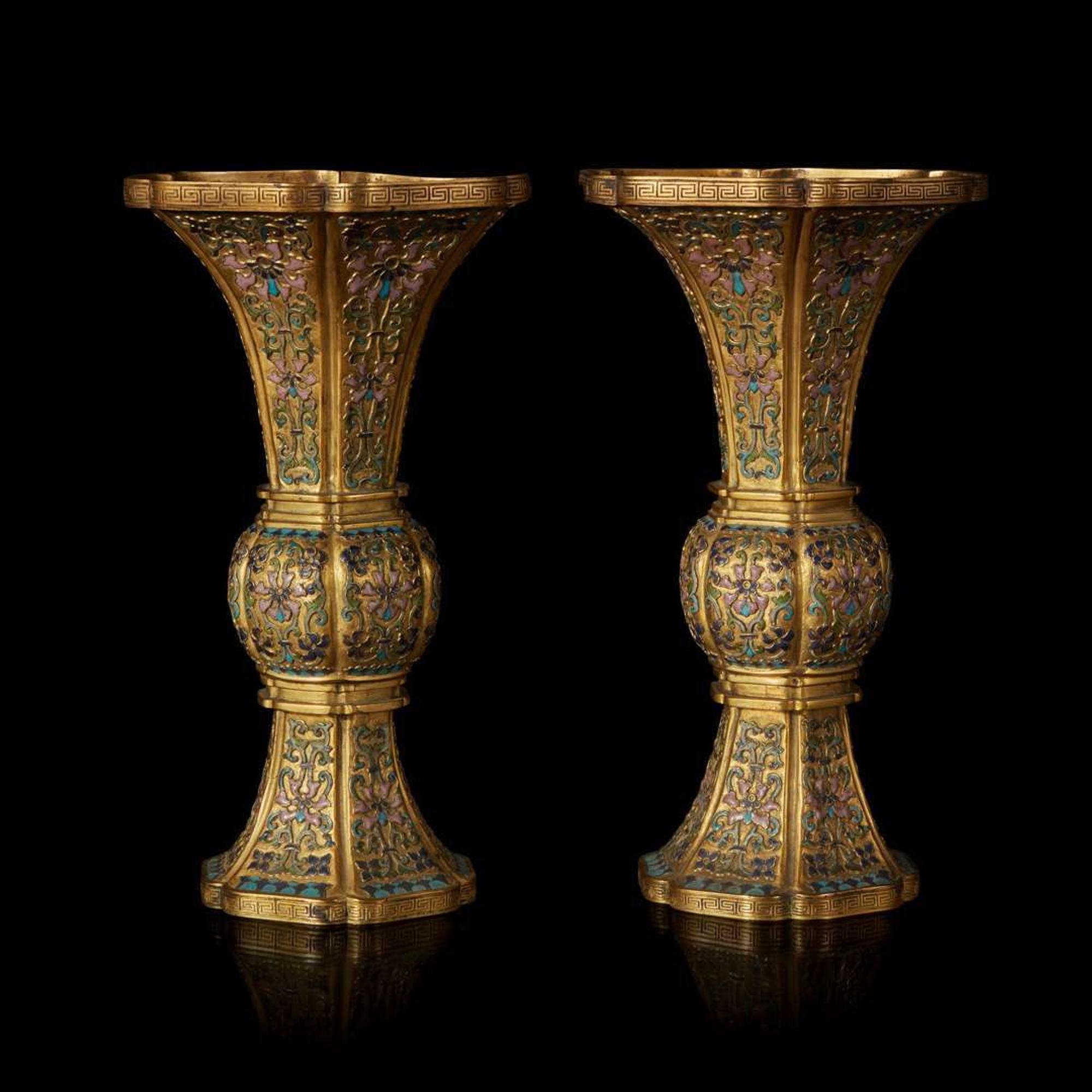 An exceptional pair of Chinese champlevé cloisonné enamel gilt metal gu-form vases 铜鎏金锤鍱珐琅花觚一对 18th/19th century ???????