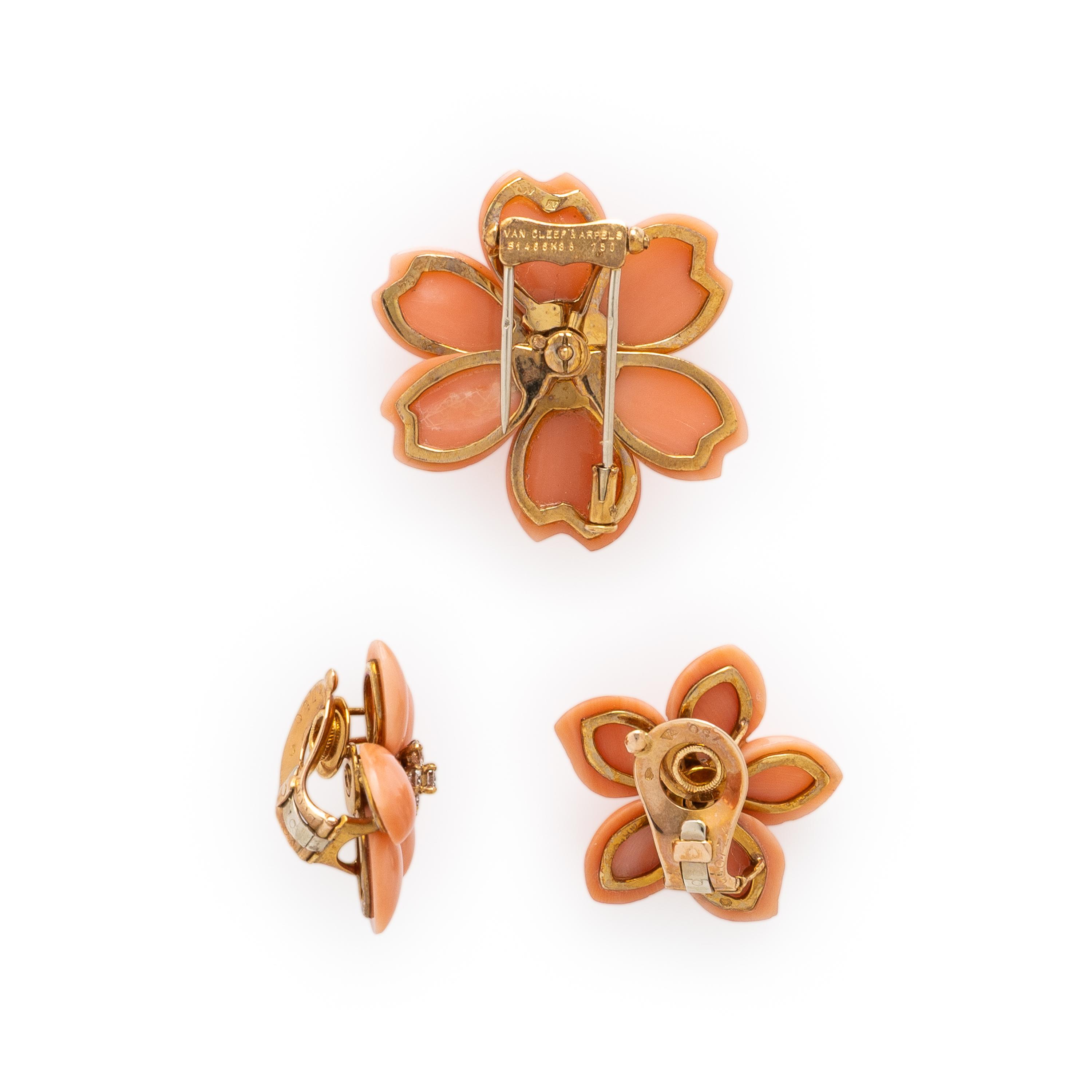 Van Cleef & Arpels, 'Rose de Noël', Coral and Diamond Brooch and Earrings