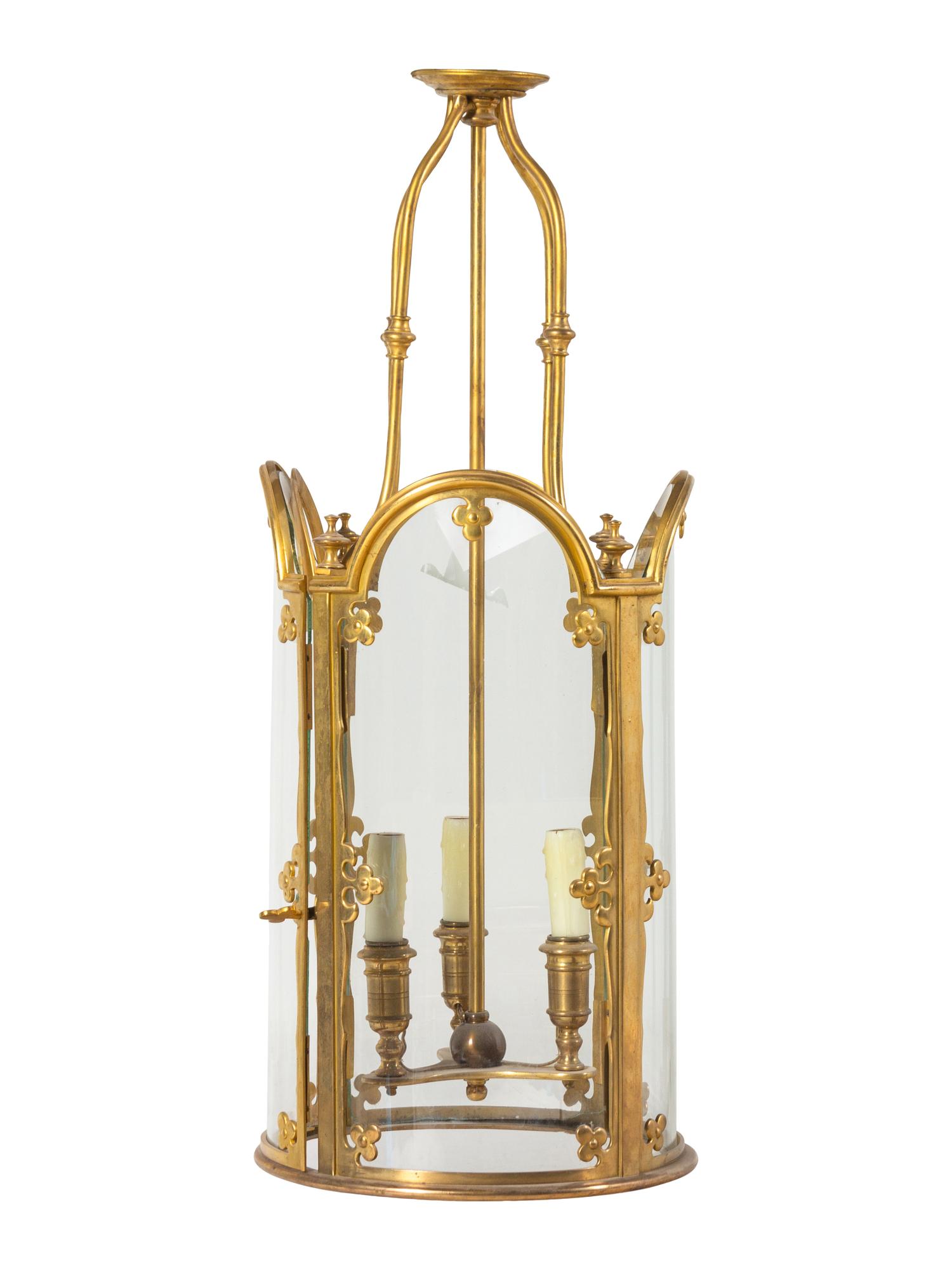 A Gothic Style Gilt Bronze Three-Light Hall Lantern