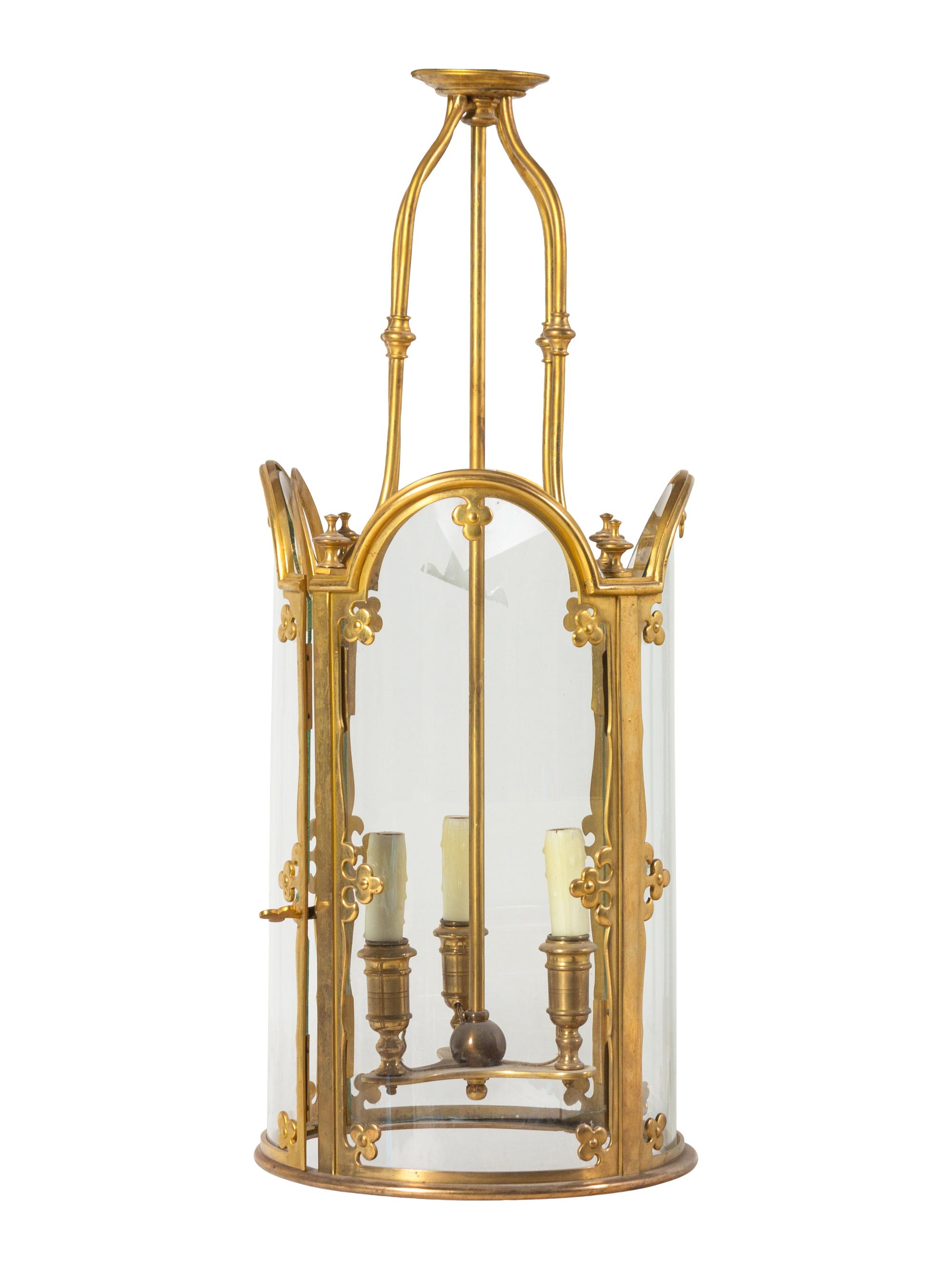 A Gothic Style Gilt Bronze Three-Light Hall Lantern