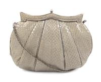 A Judith Leiber Sage Karung Snakeskin Bag, 9 1/2 x 8 x 1 inches.
