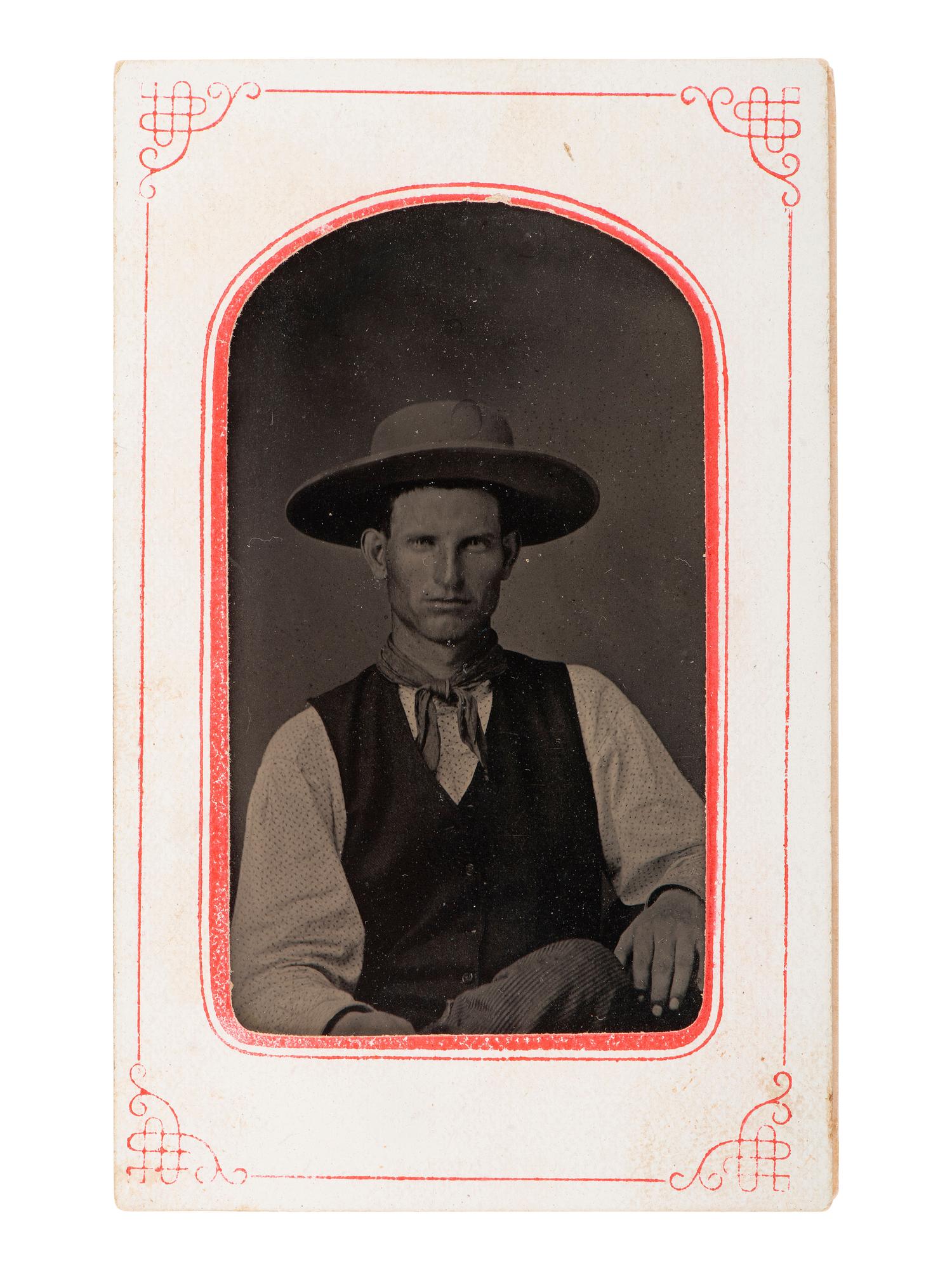 [WESTERN AMERICANA]. Vintage hat and tintype of a cowboy wearing nearly identical hat.