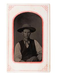 [WESTERN AMERICANA]. Vintage hat and tintype of a cowboy wearing nearly identical hat.