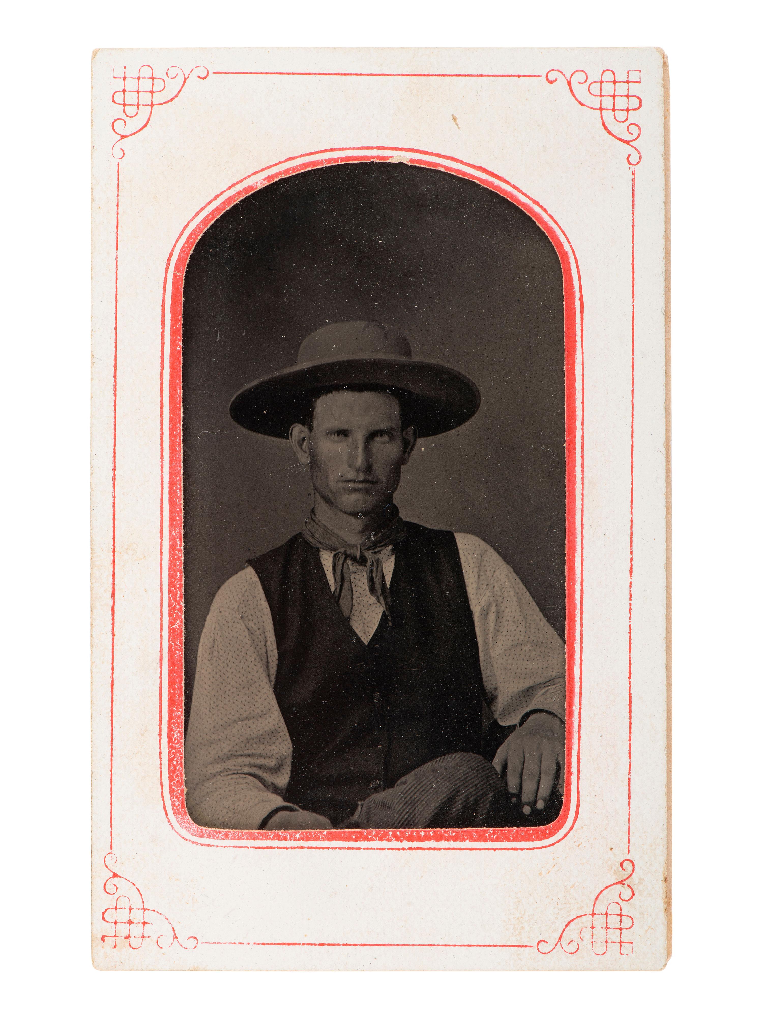 [WESTERN AMERICANA]. Vintage hat and tintype of a cowboy wearing nearly identical hat.