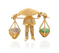 A 14 Karat Yellow Gold, Jade and Diamond Figural Brooch, 7.60 dwts.